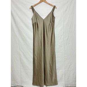 A New Day Maxi Satin Slip Dress Size L Taupe V-Neck Strappy Glam Event Earthy